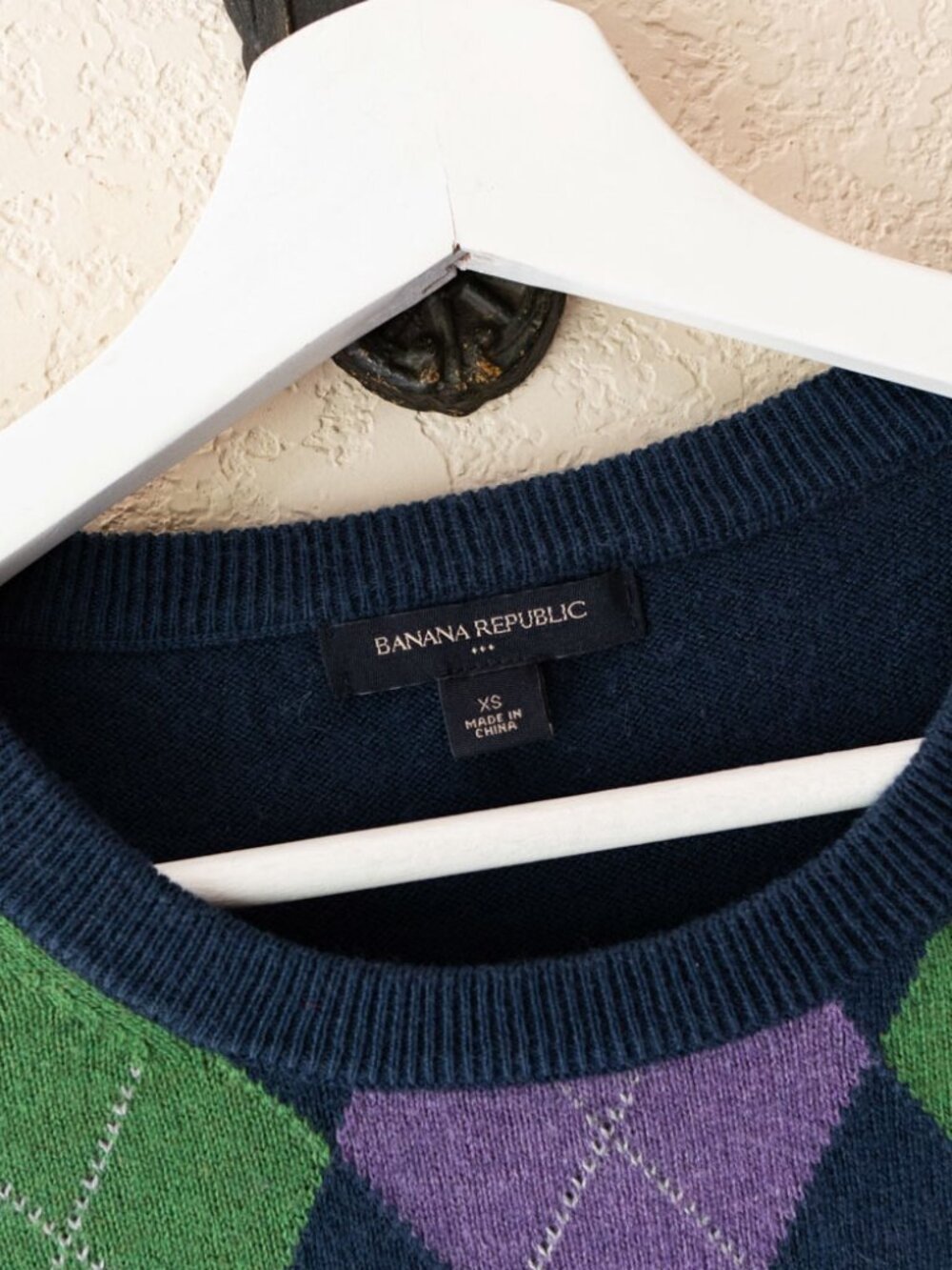 Banana Republic Argyle Sweater XS Navy Blue Angora Rabbit Blend 3/4Sleeve Preppy - Picture 3 of 14